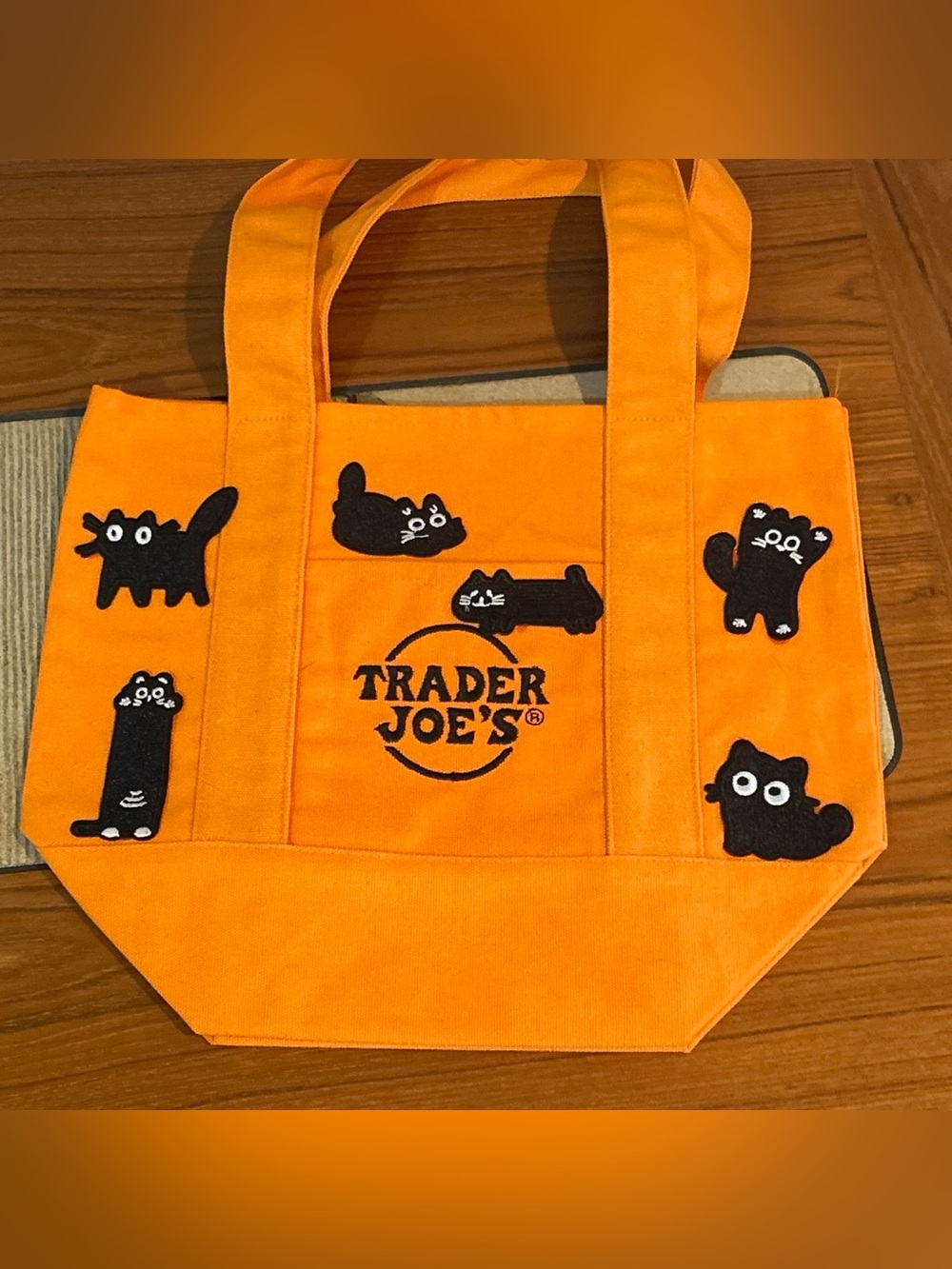 Upcycled Trader Joe's Orange Tote Bag with Playful Black Cat Patches